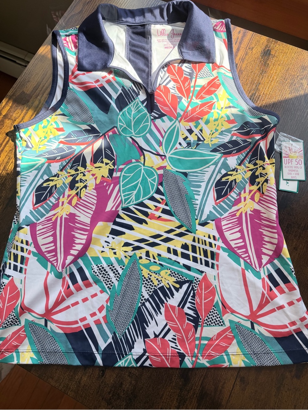Lillie Green sleeveless polo leaf print multi-color UPF 50